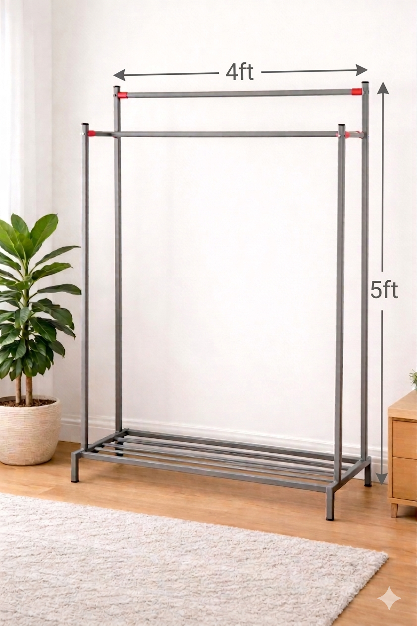 Double Rod Clothes Hanging Stand with Shoe Rack